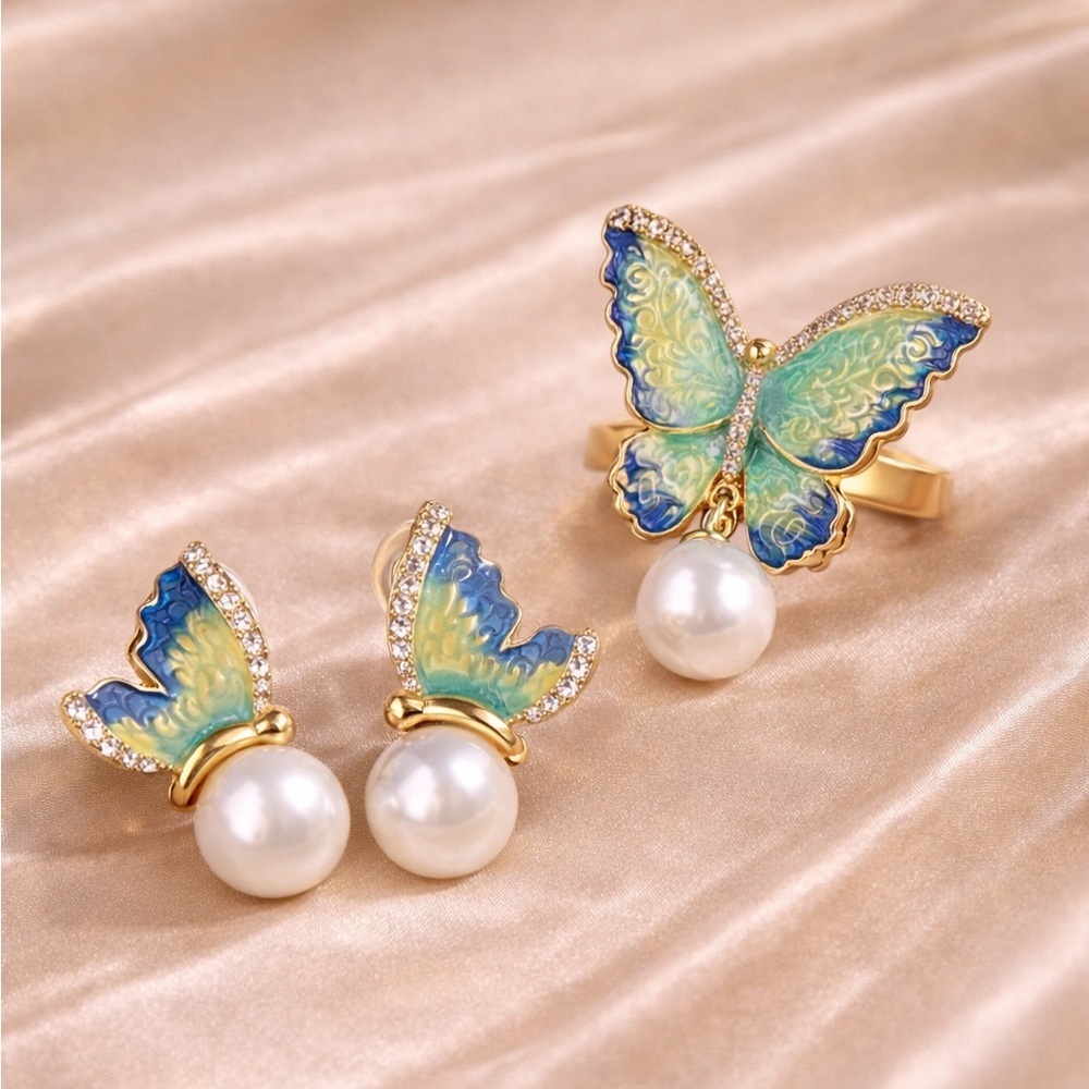 Art Nouveau Butterfly Pearl Jewelry Ring&Earrings Set